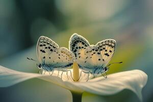 Two Butterflies Resting on Single Flower Petal Wings Gently Touching nature background photo