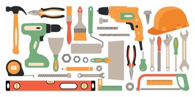 Construction tools big set. Work tool for repair, painter, builder. Isolated illustration in clip art style vector