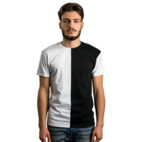 Man wearing a white and black t-shirt for mockup, isolated png