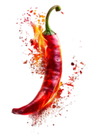 Red hot chili pepper with a splash of fire, isolated against a transparent background png