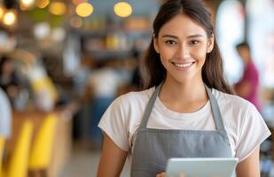 Smiling Cafe Worker Holding Tablet photo