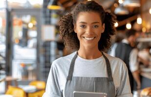 Smiling Cafe Worker Holding Tablet photo