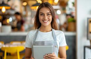 Smiling Cafe Worker Holding Tablet photo