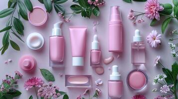 Pink skincare products and flowers arranged on a pastel background photo