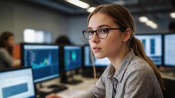 Systems analyst Woman. A woman in front of computer monitors in office. photo