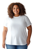 Smiling woman with curly hair in a white shirt, cut out - stock . png