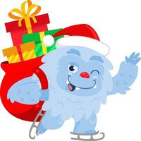 Smiling Santa Yeti Bigfoot Cartoon Character With Christmas Bag Waving vector