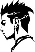 A striking black and white silhouette of a man with a mohawk hairstyle, emphasizing a bold and rebellious attitude vector