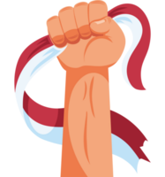 A fist holding a flag with a red and white ribbon png