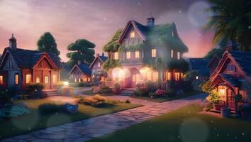 A quaint street lined with cozy, ivy-covered houses at dusk, glowing warmly under the twilight sky. The serene atmosphere is enhanced by the soft, ambient lighting from the homes video