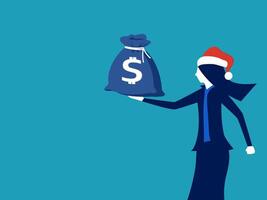 a woman in a santa hat holding a bag with a dollar sign vector