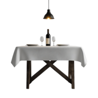 romántico cena mesa ajuste con transparente fondo, vino botella y anteojos, rústico de madera mesa y blanco Manteles png