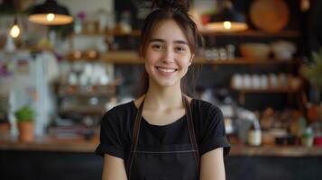 Smiling young woman in a black apron works as a barista in a coffee shop photo