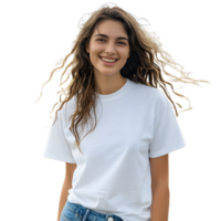 a woman wearing a white t - shirt and jeans png