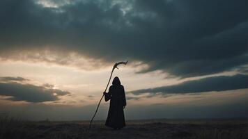 A grim reaper holding a scythe in front of a cloudy sky. photo