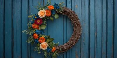 Beautiful floral wreath on a blue wooden door. photo