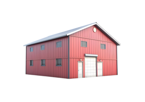 Red metal building with windows and garage door. Isolated on transparent background png