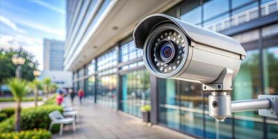 Surveillance camera mounted on building exterior monitoring outdoor area. photo