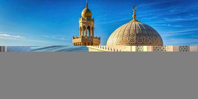 The close up photo showcases the intricate design and architectural details of the turret of El Baher mosque located in front of the mesmerizing Mediterranean Sea, architectural details