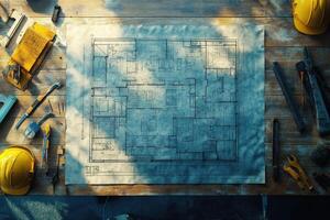 Architectural blueprint and tools on a wooden table photo