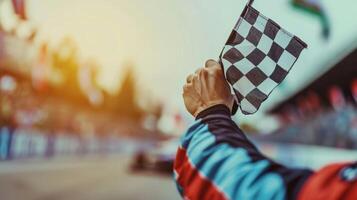 A tight shot of the checkered flag being folded and handed to the winning driver who holds it close to their chest with a mix of disbelief and excitement photo