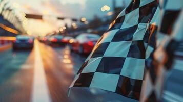 A closeup of the checkered flag being waved frantically as a blur of cars rush past in a highspeed race photo