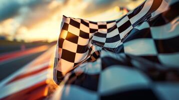 A closeup of a checkered flag being waved frantically signaling the end of the race and the triumphant rush of the racing pulse coming to a pulseracing finish photo