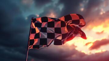 The final rays of sunlight illuminate the checkered flag creating a dramatic contrast against the darkening skies photo