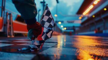 The camera captures the moment a worker proudly places the finished checkered flag on a stand where it will await its big moment on the track photo