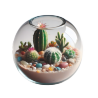 A glass bowl filled with cacti and rocks png