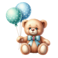 Charming Brown Teddy Bear Holding Two Blue Balloons png