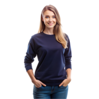 Woman in blue sweatshirt standing with hands on hips png