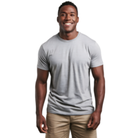 african man smiling while wearing a gray shirt and khaki shorts on transparent background png