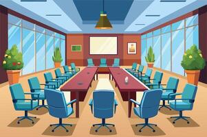 A spacious modern conference room with large windows and blue chairs, designed for meetings and teamwork vector