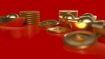 Chinese gold and coins on red Background 3d rendering. photo