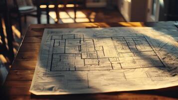 Architectural blueprint floor plans displayed on a table for property development and construction photo