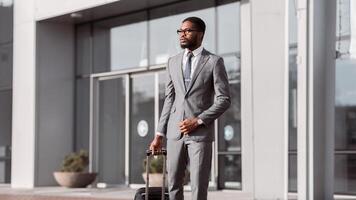 A professional black man with a suitcase is seen near an airport entrance. The scene is bustling and modern, emphasizing travel and business readiness in a contemporary setting. photo