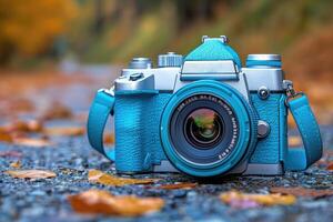 Blue and Silver Camera on a Path with Autumn Leaves photo