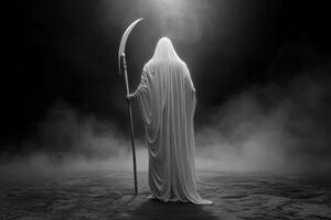 Dark hooded death figure holding a scythe stands in a thick fog photo