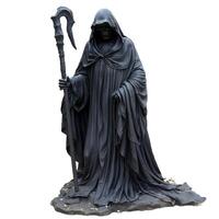 Imposing grim reaper statue holding a staff, isolated on white background photo