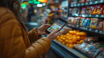 Cropped view of employee holding smartphone while taking customer order, photo