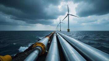 Wind farm and hydrogen pipeline offshore showcase advanced renewable energy infrastructure under overcast skies photo