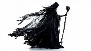 towering figure of Hel stands in dark flowing robes holding a bone staff her presence cast in dramatic shadow against a bright white backdrop. photo