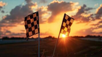 Two checkered flags are shown in front of the sun photo