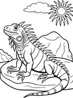 a cute iguana sunning itself on a rock, with its scales shimmering and a tropical beach settinga, vector