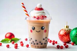 Cute Christmas themed boba tea with festive decorations and joyful expression photo