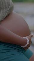 A Beautiful Pregnant Woman Gently Holding Her Belly in the Natural Surroundings of Nature video