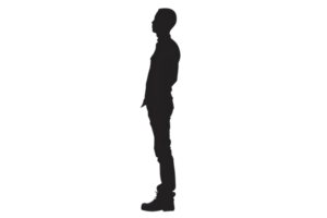 black silhouette of a person standing sideways. The person is wearing a long dress or skirt and has long hair. The background is white. png