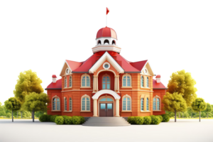 A large red brick building with a red dome and a flag on top. The building has a lot of windows and a large front door. The building is surrounded by trees and bushes png