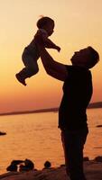 padre y bebé chico gasto hora a el río banco. papá lanzando arriba su pequeño hijo a fondo de naranja cielo a puesta de sol. vertical video